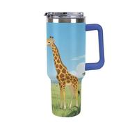 Thermos in acciaio inox da 1,18 l con manico e coperchio con cannuccia, il design affusolato si adatta al portabicchieri della tua auto, a forma di giraffa che mangia foglie, thermos a fantasia un