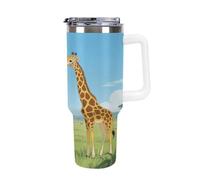 Thermos in acciaio inox da 1,18 l con manico e coperchio con cannuccia, il design affusolato si adatta al portabicchieri della tua auto, a forma di giraffa che mangia foglie, thermos a fantasia un