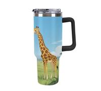 Thermos in acciaio inox da 1,18 l con manico e coperchio con cannuccia, il design affusolato si adatta al portabicchieri della tua auto, a forma di giraffa che mangia foglie, thermos a fantasia un