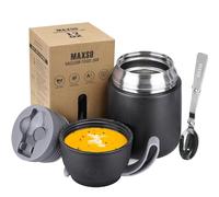 Thermos per Alimenti 500ml, Contenitore Termico per Alimenti di Acciaio Inossidabile con Cucchiaio Pieghevole, Isotermico Sottovuoto per Cibi Caldi e Freddi (nero)
