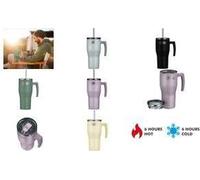 Thermos REFRESHING SERIES - Bicchiere isolante da 0,85 l, vaniglia opaco, con cannuccia e manico per viaggi, lavoro o casa, in acciaio inox a doppia parete insapore