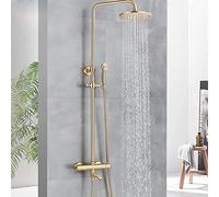 Thermostatic Shower Faucet Set Brushed Gold, Exposed Shower System, Rainfall Shower Head with Hand Shower, Rotatable Tub Spout, Wall Mounted Bathtub Faucet Heavy Duty
