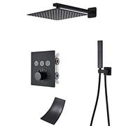 Thermostatic Shower System Black Shower Faucet Set Wall Mounted Shower Combo Set Brass Mixer Shower with Waterfall Tub Spout, Shower Head, Handheld Shower,16 inch (12 INC