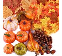 TheStriven 100 Pezzi Kit per Decorazioni Autunnali di Halloween Mini Zucca Autunnale Artificiale Mini Zucche Foglie d'Acero Ghiande Artificiali Pigne per Ringraziamento Autunno Raccolta Puntelli