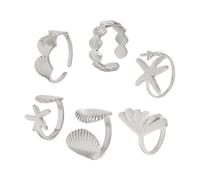Thewasc 6PCS Hot Day Beach Holiday Gioielli Giorno Aperto Joint Anelli Stelle Marine Shell Design Robusto Lega Regolabile Regalo Set Versatile Dimensionamento Accessorio Vacanza, Misura unica, come