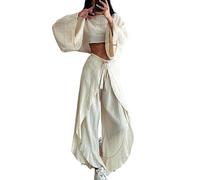 ThiCc Abiti da donna in lino da 2 pezzi, set casual da salotto abbinati, camicetta corta a maniche lunghe e pantaloni a gamba larga a vita alta con volant e pantaloni lunghi con cintura a palazzo,