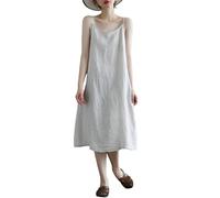 ThiCc Abito sottoveste da donna senza maniche, in cotone e lino, vestibilità ampia, scollo rotondo, per l'estate, casual, per tutti i giorni, spiaggia, vacanze, abbigliamento, bianco, XXL