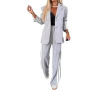 ThiCc Completo blazer da donna in 2 pezzi, a maniche lunghe, comoda, giacca oversize con tasche con risvolto a tacca e pantaloni a gamba larga, a righe laterali, dettagli sportivi, abbigliamento da