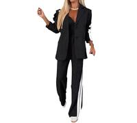 ThiCc Completo blazer da donna in 2 pezzi, a maniche lunghe, comoda, giacca oversize con tasche con risvolto a tacca e pantaloni a gamba larga, a righe laterali, dettagli sportivi, abbigliamento da
