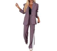 ThiCc Completo blazer da donna in 2 pezzi, a maniche lunghe, comoda, giacca oversize con tasche con risvolto a tacca e pantaloni a gamba larga, a righe laterali, dettagli sportivi, abbigliamento da