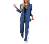 ThiCc - Completo da donna in 2 pezzi con blazer - Giacca oversize comoda a maniche lunghe con risvolto dentellato e tasche, pantaloni a gamba larga con strisce laterali sportive, ideale per l'ufficio
