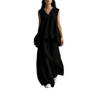 ThiCc Completo da donna in cotone e lino, 2 pezzi, estivo, casual, vestibilità larga, senza maniche, con scollo a V, orlo a volant, pantaloni a gamba larga per vacanze, viaggi, uso quotidiano, Nero