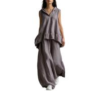 ThiCc Completo da donna in cotone e lino, 2 pezzi, estivo, casual, vestibilità larga, senza maniche, con scollo a V, orlo a volant, pantaloni a gamba larga per vacanze, viaggi, uso quotidiano, grigio