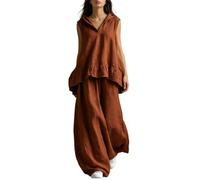 ThiCc Completo da donna in cotone e lino, 2 pezzi, estivo, casual, vestibilità larga, senza maniche, con scollo a V, orlo a volant, pantaloni a gamba larga per vacanze, viaggi, uso quotidiano, Marrone