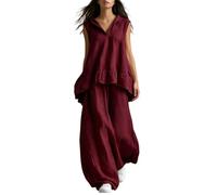 ThiCc Completo da donna in cotone e lino, 2 pezzi, estivo, casual, vestibilità larga, senza maniche, con scollo a V, orlo a volant, pantaloni a gamba larga per vacanze, viaggi, uso quotidiano