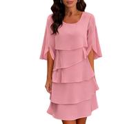 ThiCc Elegante abito da donna a strati, con volant, tinta unita, a maniche lunghe, a maniche corte, vestibilità ampia, per tutti i giorni, estivi, vacanze, matrimoni, ospiti, rosa, XXL