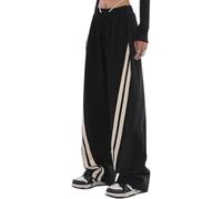 ThiCc Pantaloni da donna in felpa con patchwork in denim - Pantaloni a vita elastica con coulisse, pantaloni dritti con tasche, Y2K, a righe laterali, color block, jeans bicolore, cargo, jogging, Nero