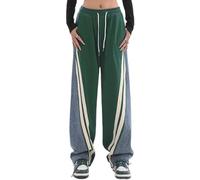 ThiCc Pantaloni Sportivi Donna Verde XL con Patchwork Denim, Tasche Cargo, Vita Elastica, Bicolore Block Color