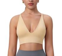 ThiCc Reggiseno Sportivo Da Donna Con Scollo A V Profondo - Coppe Imbottite Incrociate E Spalline Sottili Regolabili Per Allenamento Yoga Fitness Crop Top (XL,Beige)