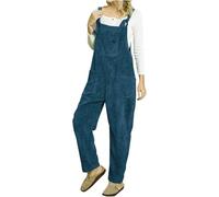 ThiCc Tuta da donna in velluto a coste, con spalline regolabili, a gamba larga, con tasche a salopette, casual, vestibilità larga, stile harem, multitasche, alla moda, invernale, caldo, Blu, S