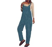 ThiCc Tuta da donna in velluto a coste, con spalline regolabili, a gamba larga, con tasche a salopette, casual, vestibilità larga, stile harem, multitasche, alla moda, invernale, caldo, Azzurro, S