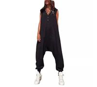 ThiCc Tuta da donna senza maniche con cappuccio, cavallo basso, bottoni, gamba affusolata, tinta unita, estiva, casual, pantaloni harem lunghi, pagliaccetto con tasche, Nero , S