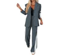 ThiCc - Tute da donna in 2 pezzi con blazer - Giacca oversize comoda a maniche lunghe con risvolto dentellato e tasche, pantaloni a gamba larga con righe laterali, dettagli sportivi, per abbigliamento