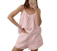 ThiCc Y2K - Set pigiama da donna con reggiseno integrato, con papillon e scollo a U, pantaloncini elastici in vita, tinta unita, abbigliamento da casa per la notte d'estate, rosa, L