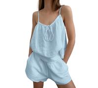 ThiCc Y2K - Set pigiama da donna con reggiseno integrato, con papillon e scollo a U, pantaloncini elastici in vita, tinta unita, abbigliamento da casa per la notte d'estate, Blu, XL