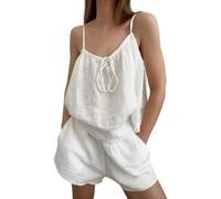 ThiCc Y2K - Set pigiama da donna con reggiseno integrato, con papillon e scollo a U, pantaloncini elastici in vita, tinta unita, abbigliamento da casa per la notte d'estate, bianco, M