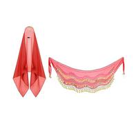 THINCAN Belly Dance Outfits mit Belly Dance Hüftschal Münzkopfschal Gesicht Velier für Frauen Zingarer Kostümzubehör Outfits für Frauen, Colore: rosso, Taglia unica
