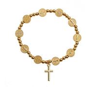 THINCAN Bracciale da uomo e da donna con perle di rosario cattolico dorato, con crocifisso per croce e medaglie, regalo di gioielli