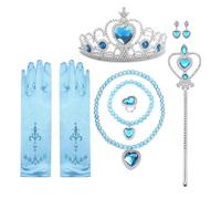 THINCAN Ragazze principessa accessori guanti bacchetta magica corona orecchini set gioielli parrucca vestito vestito vestito set principessa collana e treccia, Heart Lake Blue Prin, Taglia unica