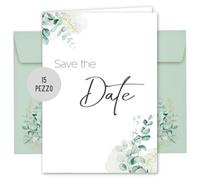 Things of Happiness 15 biglietti Save the Date con busta per matrimonio, ufficio del registro, compleanno, bambino, comunione, festa della gioventù, battesimo, biglietto pieghevole DIN A6 (eucalipto)