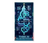 Think in Algorithms Tech Citazione diagramma di flusso Futuristico | Estetica tecnologica futuristica, sfondo per porta d'ingresso, citazione di ingegneria ispiratrice, vivace effetto neon