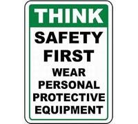 Think Safety First Wear PPE Cartello di sicurezza Segnale di avvertimento Street Targa in latta 10,2 x 20,3 cm