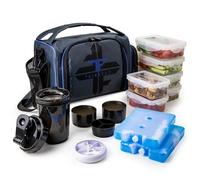 ThinkFit Borsa Porta Pranzo Isotermica 6 Contenitori per Alimenti - Senza BPA, Compatibile con Microonde e Freezer - con Tazza Shaker, Dosatore per Pillole, Tracolla e Tasca Portaoggetti (Blu)