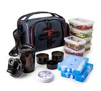 ThinkFit Borsa Porta Pranzo Isotermica 6 Contenitori per Alimenti - Senza BPA, Compatibile con Microonde e Freezer - con Tazza Shaker, Dosatore per Pillole, Tracolla e Tasca Portaoggetti (Rosso)