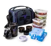 ThinkFit Borsa Porta Pranzo Isotermica 6 Contenitori per Alimenti - Senza BPA, Compatibile con Microonde e Freezer - con Tazza Shaker, Dosatore per Pillole, Tracolla e Tasca Portaoggetti (Viola)