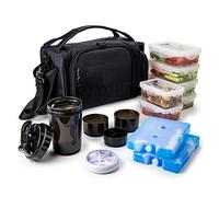 ThinkFit Borsa Porta Pranzo Isotermica 6 Contenitori per Alimenti - Senza BPA, Compatibile con Microonde e Freezer - con Tazza Shaker, Dosatore per Pillole, Tracolla e Tasca Portaoggetti (Nero)