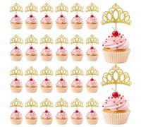Thinp 24 decorazioni per torta a forma di corona, dorate, glitterate, per | Decorazioni per cupcake con glitter dorati, 5,4 x 4 cm, su un lato, motivo corone regina, decorazioni per cupcake per