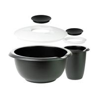 Thiru Ciotola per mescolare e cuocere - con coperchio paraspruzzi - antiscivolo e senza BPA - con 50 ricette - Made in Germany (nero, confezione doppia - 3,5 l e pentola)