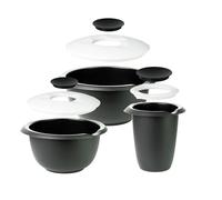 Thiru Ciotola per mescolare e cuocere - con coperchio paraspruzzi - antiscivolo e senza BPA - con 50 ricette - Made in Germany (nero, set risparmio - 3,5 l & 2,5 l & padella)