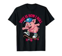 This Is How I Roll Pig on Skateboard Retro Cartoon Style Maglietta