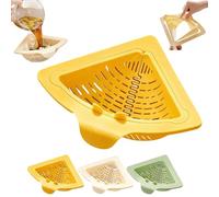 This space-saving magnetic corner sink strainer features a triangular sink drain basket that pops out automatically with a simple twist of the knob for space-saving storage. (Yellow)