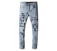 THJIQ Pantaloni da Matita da Uomo in Denim Elasticizzato Skinny con Fori Strappati verniciati a Inchiostro di Cristallo Blu Streetwear