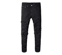 THJIQ Pantaloni da Motociclista da Uomo in Denim Stretch Patchwork Nero per Moto Pantaloni a Matita Strappati Skinny Slim Fit