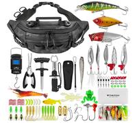THKFISH Borsa a tracolla da pesca da 85 pezzi con scatola inclusa per kit di attrezzatura da pesca a mosca, marsupio impermeabile con attrezzi da pesca, esche, kit di pinze per pesci, pinza per labbra