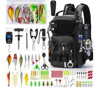 THKFISH Zaino da pesca con porta canna, kit di attrezzi da pesca, borsa impermeabile con kit di esche da pesca, scatola per attrezzatura da pesca e set di pinze, per uomini e donne (nero, 87 pezzi)