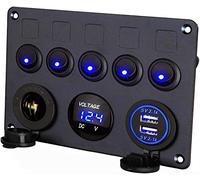 Thlevel Pannello Interruttore 5 Interruttori a Levetta Impermeabile con Voltmetro Digitale 4.2A Doppia Presa USB Caricatore Accendisigari per Camper Barche Camion Rimorchi Yacht